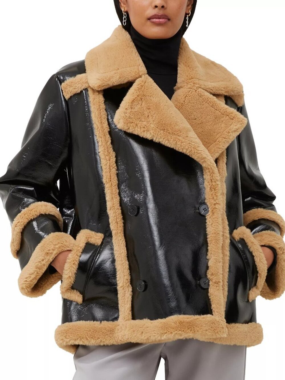 French Connection Filpa Faux-Fur Black Tan Shearling Lined Coat Size XS NWT